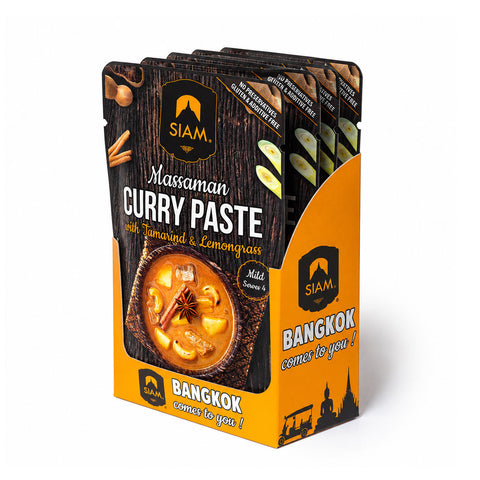 Siam Massaman Curry Paste packaging with wooden design and orange accents on a white background